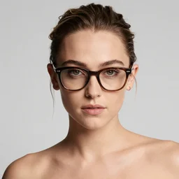 Photo of Daisy Ridley wearing Warby Parker glasses, soft studio lighting, photo taken by Martin Schoeller for Abercrombie and Fitch, award-winning photo, 24mm f/1.4