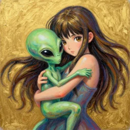 recursive image with a girl hugging alien, large eyes, her long hair flowing, surreal, oil pastels and gold, in the style of katsuhiro otomo, modeled in poser, redshift render, uhd