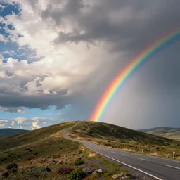 landscape sunny sky with clouds, road over hill with rainbow in background, cinematic digital art