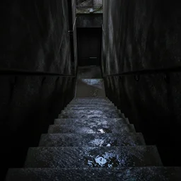 A narrow flooded stairway leading down into the darkness, spooky, eerie, unsettling, photo taken from the top of the stairs looking downward
