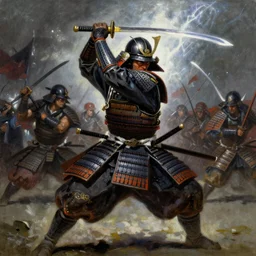 A full portrait oil painting of a helmeted and masked Samurai holding a katana above his head an running into battle, japanese godof war armor, by Frank Frazetta, Greg Rutkowski, Boris Vallejo, epic fantasy character art, Exquisite detail, post-processing, low angle, masterpiece, cinematic, lightning