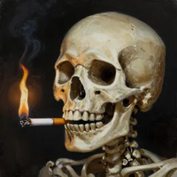 Head of a skeleton with a burning cigarette, dark contrast between the background and the skull, oil painting