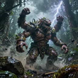 high resolution action photo of a multi arm hairy creature in the sea rainforest, giant rocks, dust, debris overgrown, foliage, grass, splash, crash, meteorites, volumetric lights, tree roots, dark clouds, veins, lightning, big muscles, sweat, slime, troll, fishlike, gills, dragonlike, grown together, overgrown, electronic wires, god rays