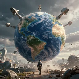 a scene from interstellar where animal ai technology rules earth while the human race is regaining strength to take back control from what they've created in a dystopian world, 4 k, hyper realistic
