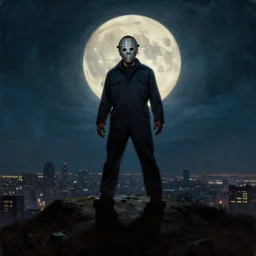 portrait, jason voorhees standing on a giant hill, new york panorama in far background, powerful pose, scary, horror, deep night, giant moon, dramatic sky, shadows on side, cinematic, side light, backlighting, oil painting by frazetta