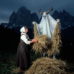 1 9 2 0 s spirit photography of an old female farmer turning into a krampus ghost with hay cloth in the dolomites, by william hope, dark, eerie, grainy