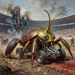 painting of varied filthy rugated, fantasy drag race, giant tick made of brass, awful horror, covering, giant ticks with strange tire treads, chrome chassis, about the stadium background, smoke exhaust pipeclustered by vincente b ballestar, by francesco blanc, & by jack gaughan high resolution, hyper detailed, cinematic, ornate masterpiece,