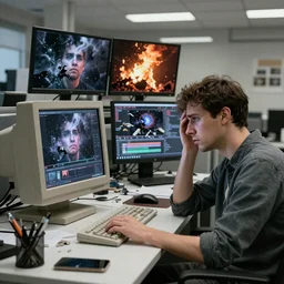 a high resolution photo of a sad man in a messy office room with many screens photoshopping his own face while watching the collapse of the entire universe live stream on a vintage computer screen, storm, fire, earthquake, debris,