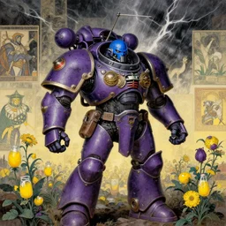 composition gothic of and futuristic, warhammer, cyber armor, scars, thunderstorm, blue head, purple, yellow, juice, many mechflowers, the middle ages, highly detailed, artstation, in the style of moebius, jugendstil and classic japanese print, art by jean delville