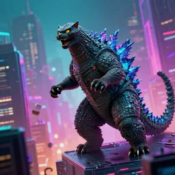 bombay cat attacking a cyberpunk city like godzilla, cinematic, colorful, funny, chaotic, 8 k, computer wallpaper.