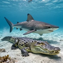 a shark crocodile!!! hybrid! hyper realistic!! realistic lighting!! wildlife photographer of the year!!! bold natural colors, national geographic, hd, wide angle, 8 k