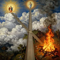 one ( narrow )!! road goes to a stairway to the heavens!!, another ( wide road )! is interrupted by a giant! ( fire pit )!!!!!!!!. aerial view, christian art, masterpiece. in a combination of chesley bonestell and hieronymus bosch.