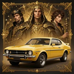 Portrait of a 1970 Ford Capri, in style of Dark Souls 3, insanely detailed and intricate, golden ratio, elegant, ornate, luxury, elite, ominous, haunting, matte painting, cinematic, cgsociety, James jean, Brian froud, ross tran, Laputa, vivid and vibrant