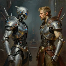 stunning painting of two cybertronic gladiators facing each other in a cyberpunk setting, sci - fi, focus on the gladiators, by delacroix and ivan aivazovsky