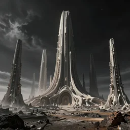 exoplanet landscape, abandoned alien megastructure designed by giger, towering skeletal temple skyscrapers, zaha hadid, post industrial, beksinski, hr giger, kubrick, black clouds, octane render, cinematic,