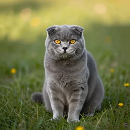 a gray scottish fold cat, grey fur, yellow eyes, sitting in the middle of sunny meadow, by leonid afremov