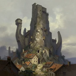 looming towering crooked ancient town, artstation, by frank frazetta, by peter bruegel the elder, by takato yamamoto, rolling hills, river, townscape, black, white