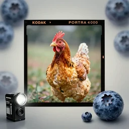 kodak portra 4 0 0, wetplate, flashlight, 8 5 mm carl zeiss, blueberry, award - winning colour portrait by britt marling : a sunlit 1 9 8 0 s chicken, quadratic quadratic picture frames, haze, wallpaper, fog, no people
