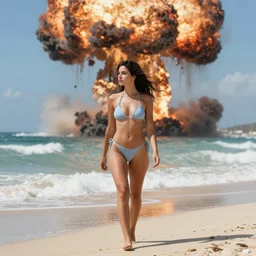beautiful bikini clad woman walking alone on a beach with a nuclear explosion in the background, rule of thirds