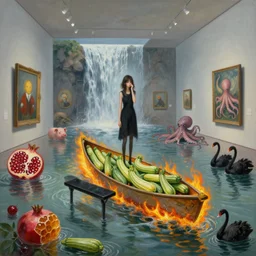 painting of a flooded art gallery, black bench seat, a tall emo girl, honeycomb, a burning canoe containing courgettes, art gallery interior, pigs, courgettes, waterfall, pomegranates, octopus, zen, black swans, berries, surrealist, by magritte and monet