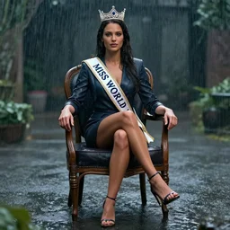 3 d unreal engine of miss of the world sitting on the chair in the rain by conrad roset