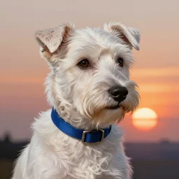 portrait of a handsome white terrier mix, intricate, blue collar, sunset, elegant, highly detailed, ray tracing, digital painting, artstation, concept art, smooth, sharp focus, illustration, art by artgerm and greg rutkowski, 8 k