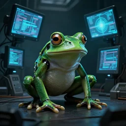 cyborg - frog, surrounded by screens, in 2 0 5 5, y 2 k cybercore, industrial low - light photography, still from a ridley scott movie