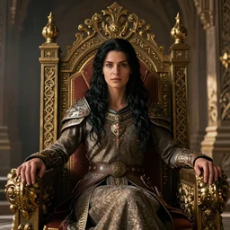 the elder scrolls vi, charismatic regal black haired female jarl, portrait, exquisitely designed throne room, atmospheric lighting, painted, intricate, volumetric lighting, beautiful, daytime, slightly sunny weather, sharp focus, deep colours, ultra detailed, golden hour by leesha hannigan, ross tran, thierry doizon, kai carpenter, ignacio fernandez rios