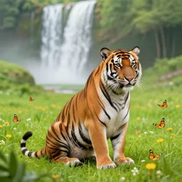 tiger sits on a meadow, surrounded by butterflies, waterfall in the distance artstation