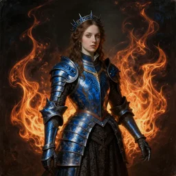 Gothic princess in dark and blue dragon armor. By Rembrandt painting (1667), fractal flame*3, highly detailded