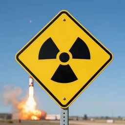 a yellow with black edges and letters nuclear missile warning sign in front of a nuclear missile explosion, award winning photography, 8k