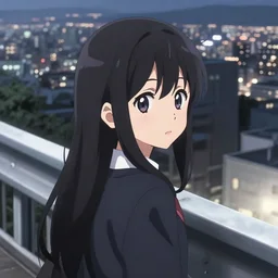 anime visual, portrait of a young black haired female sightseeing above the city, guardrail, cute face by yoh yoshinari, katsura masakazu, dramatic lighting, dynamic pose, dynamic perspective, strong silhouette, ilya kuvshinov, anime cels, 1 8 mm lens, fstop of 8, rounded eyes, moody, detailed facial features