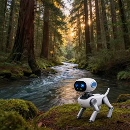 a river winding through a magical redwood forest at sunset with a lidar robot dog standing in the foreground