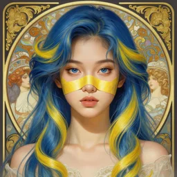 filipino girl blue - yellow hair nose tape, intricate, elegant, highly detailed, my rendition, digital painting, artstation, concept art, smooth, sharp focus, illustration, art by artgerm and greg rutkowski and alphonse mucha and uang guangjian and gil elvgren and sachin teng, symmetry!!