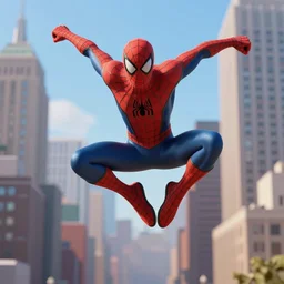 very detailed 3 d model of peter parker spider man swinging through new york city doing an action pose, action scene, digital illustration, concept art, matte painting, digital painting, illustration, amazing value control, 8 k, ultra detailed, in the style of sony pictures animation, minimal artifacts, rubber suit, graphic style