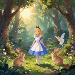 enchanted forest, sun in the sky, bunnies, fairy, alice in wonderland, hallucination, psychotropic psychedelic, wide angle shot, white background, vector art, illustration by frank frazetta by salvador dali
