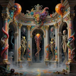 baroque neoclassicist halls decorated with sci - fi colorful alien organic textures. iridescent textures. glowing fog, black background. highly detailed fantasy science fiction painting by moebius, norman rockwell, frank frazetta, and syd mead. rich colors, high contrast