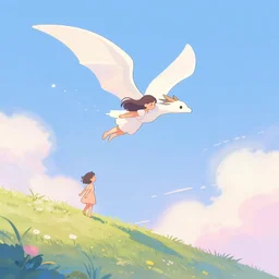 a magical dragon making a girl fly in the sky without wings, they are in the edge of a beautiful hill, aesthetic, pastel filter, pastel effect, pastel style, 2 d art