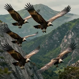 a detailed group of flying griffin vultures in avila granite and green mountains. 4 k, concept art, by wlop, ilya kuvshinov, artgerm, krenz cushart, greg rutkowski, pixiv. cinematic dramatic atmosphere, sharp focus, volumetric lighting, cinematic lighting, studio quality