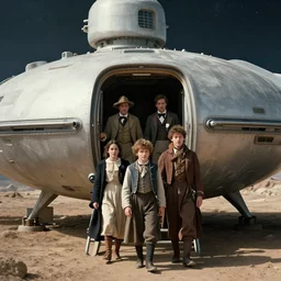 film still from a sci fi blockbuster movie made in 2022, set in 1860, of a family leaving a spaceship, that has just landed on an alien planet, wearing 1850s era clothes, good lighting, 4k, HD, in focus and clear faces, oscar winner