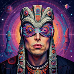 a surreal portrait of elon musk as a masked psychedelic glitchy neural tiki reptile stone god figure by naoto hattori, android jones, and chris dyer, deep bold colors, galactic dmt entity, depth of field, intricate beautiful painting, billions of details, octane render, portal, 8 k, detailed vector, trending on artstation, cgisociety wow!!!!!