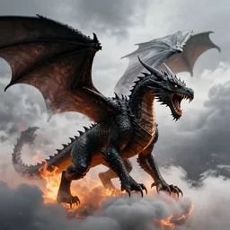 a black dragon with wings roar in thunder and cloud, flames are beneth it. its scales are like armor