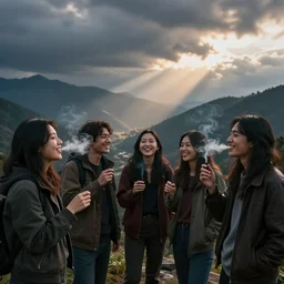 photo of happy friends smoking