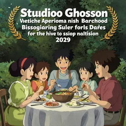 a happy family of fish eating dinner, studio ghibli, illustration, graphic novel