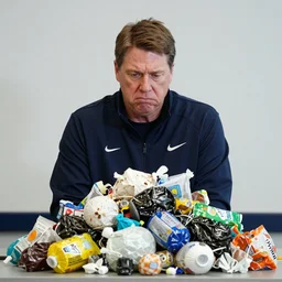a photo of coach Belichick at a press conference looking disgusted at a pile of rancid garbage sitting in front of him