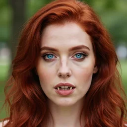 award winning 5 5 mm close up face portrait photo of an anesthetic and beautiful redhead woman with blood - red wavy hair, intricate eyes that look like stars, and fangs, in a park by luis royo