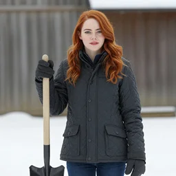 Emma Stone wearing quilted jacket with a shovel in winter, photo realistic hd portrait, hd