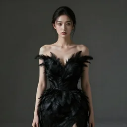 hight focus of a wonderful realistic focused sweet wonderful symmetrical mid portrait of a lonely very beautiful and proportionate lady, with a dress that is like a realistic black plumes, image in center, dramatic light, octane render - 8 k
