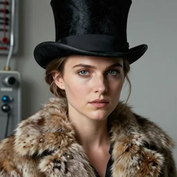 Natalie Portman, wearing a top hat, very detailed portrait, ultrarealistic, dramatic lighting, electrical details, high details, 4k, 8k, best, accurate, trending on artstation, fur, artstation, photorealism, ultrarealistic, digital painting, style of Dali, Caravaggio, Boris Vallejo