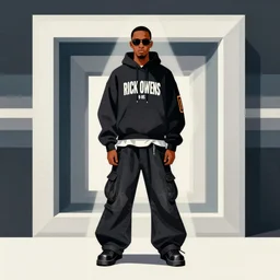 illustration of man in baggy rick owens 9 0 s clothing standing in front of geometric portal by frank frazetta